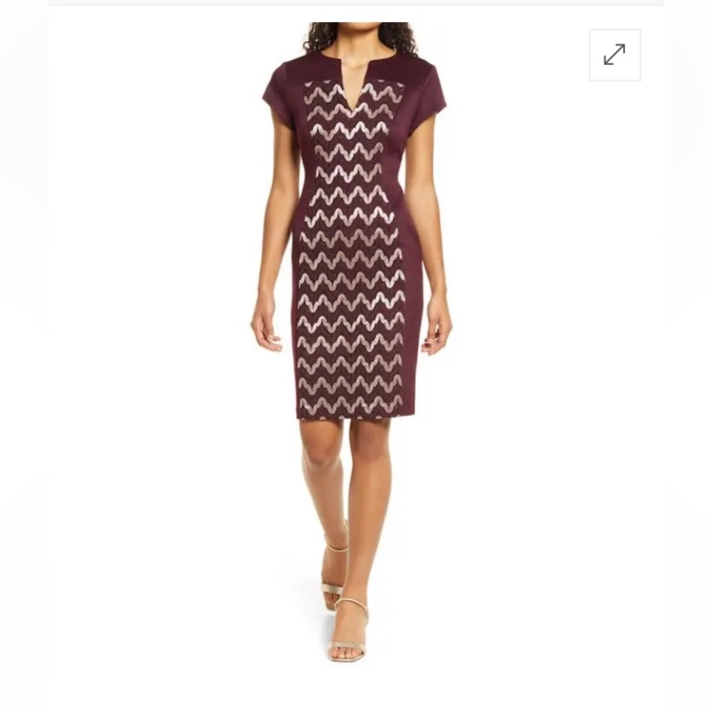 Connected Apparel womenâs plus size metallic lace sheath burgundy dress 20W - Picture 12 of 15